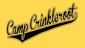 Script font that spells out Camp Crinkleroot with a swoosh below it 