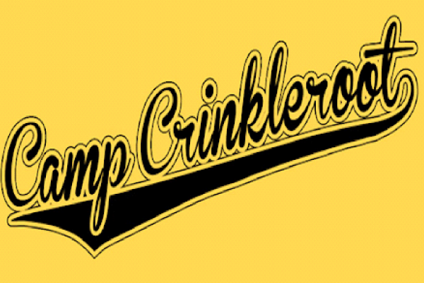 Script font that spells out Camp Crinkleroot with a swoosh below it 