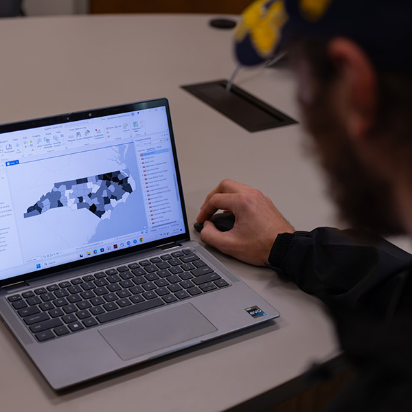 Student on laptop analyzing data